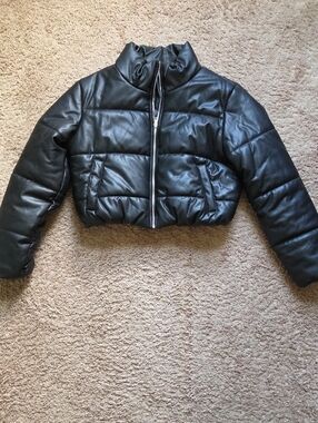Ambiance Black Faux Leather Cropped Puffer Jacket